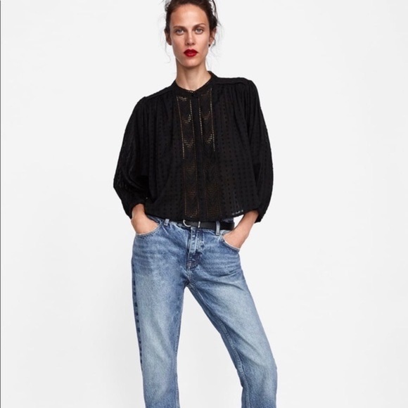 Zara Black Cropped Embroidered Swiss Dot 3/4 Sleeve Blouse Size L - Picture 1 of 17
